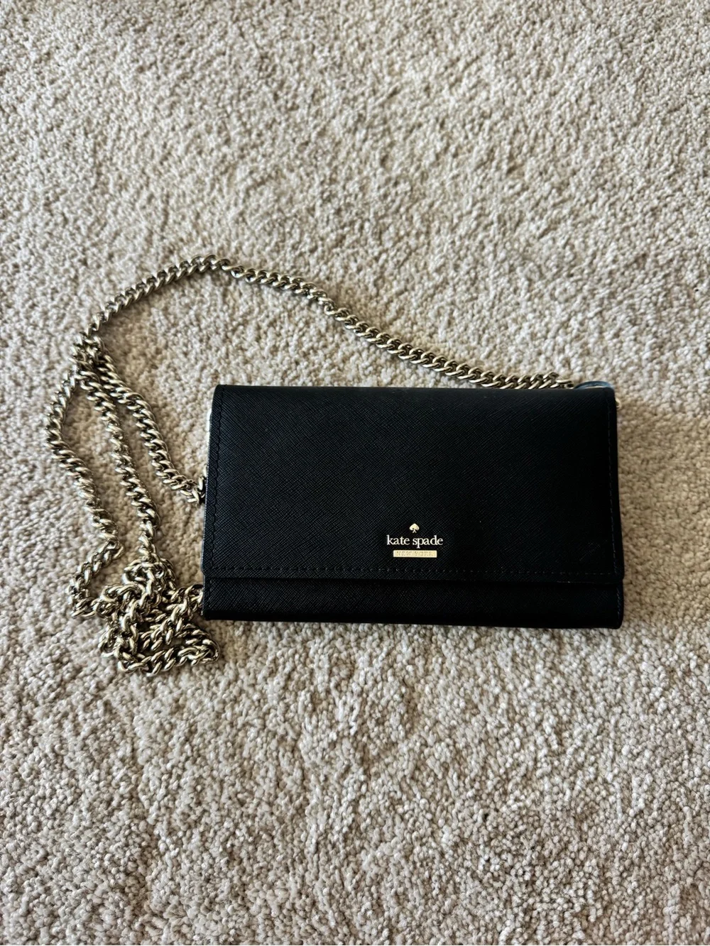 kate spade black leather chain crossbody bag with gold-tone logo
